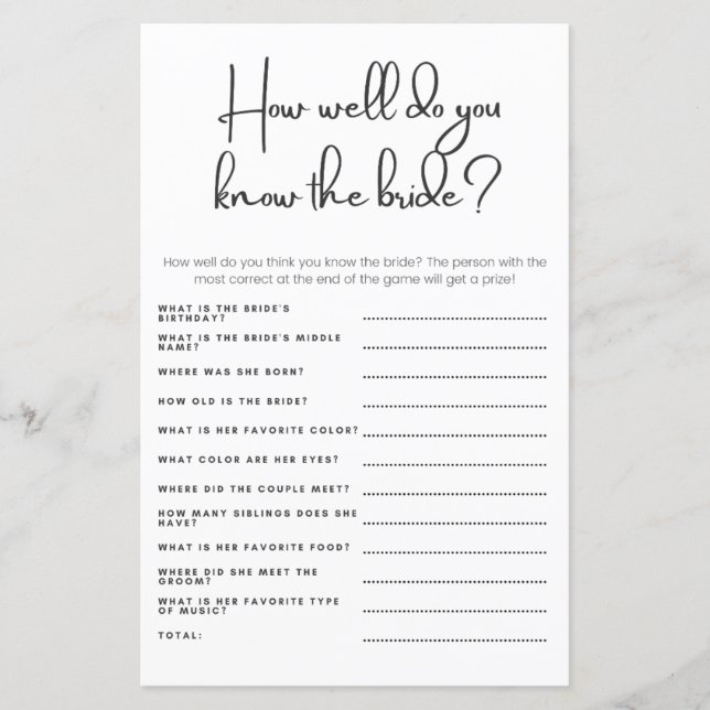 Papier Jeu de Baby Shower : Connaissez-vous bien la marié (Devant)