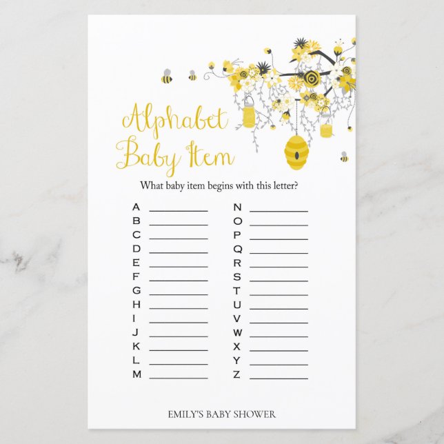Papier Jeu de Baby shower d'abeilles - ABC jeu d'objet po (Devant)