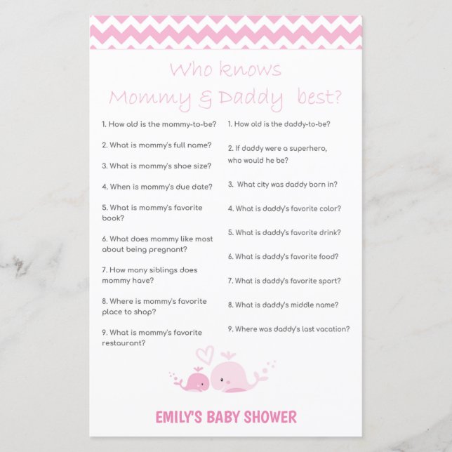Papier Jeu de Baby shower de baleine rose nautique IMPRIM (Devant)