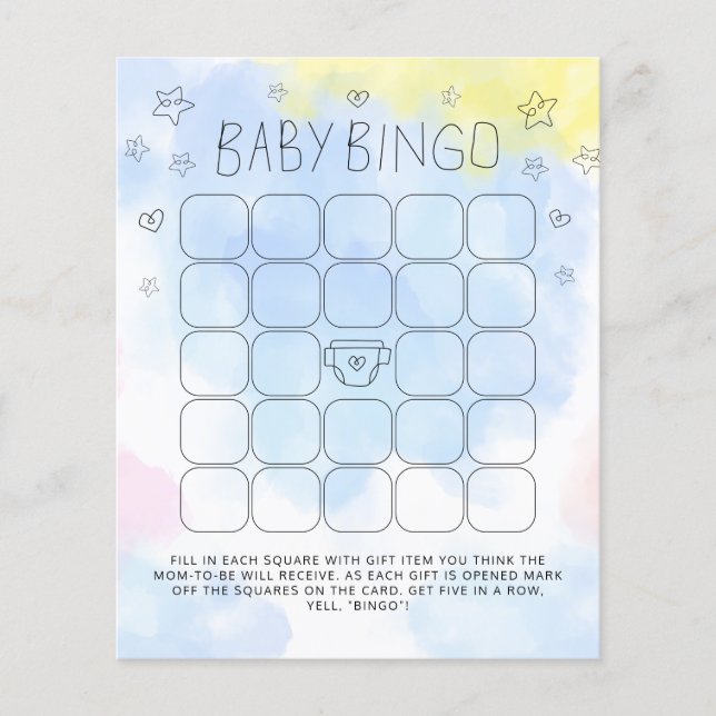 Papier Jeu de baby shower de bingo bleu aquarelle minimal (Devant)