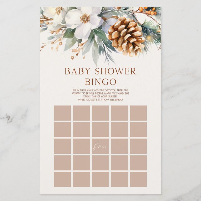 Papier Jeu de Baby shower de Bingo Floral de pin d'hiver (Devant)