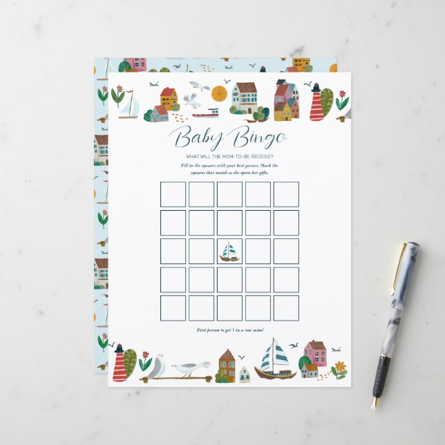 Papier Jeu de Baby shower de Bingo Nautique Côtier (Devant/Arrière en situation)
