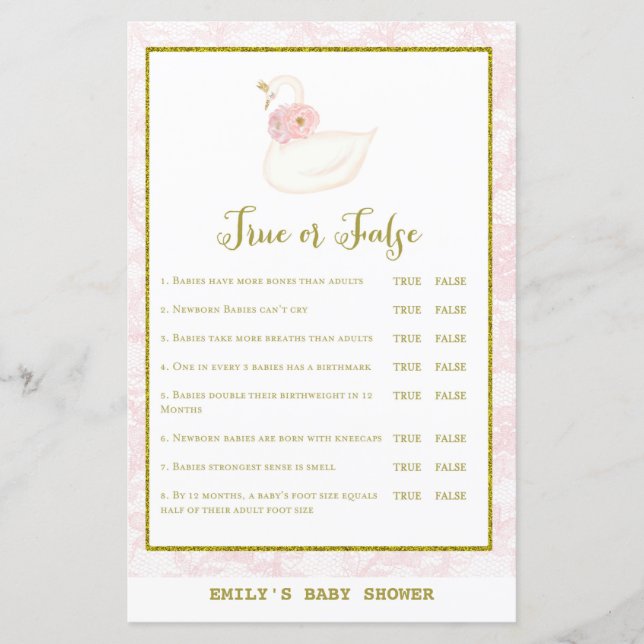 Papier Jeu de Baby shower de cygne IMPRIMÉ (Devant)