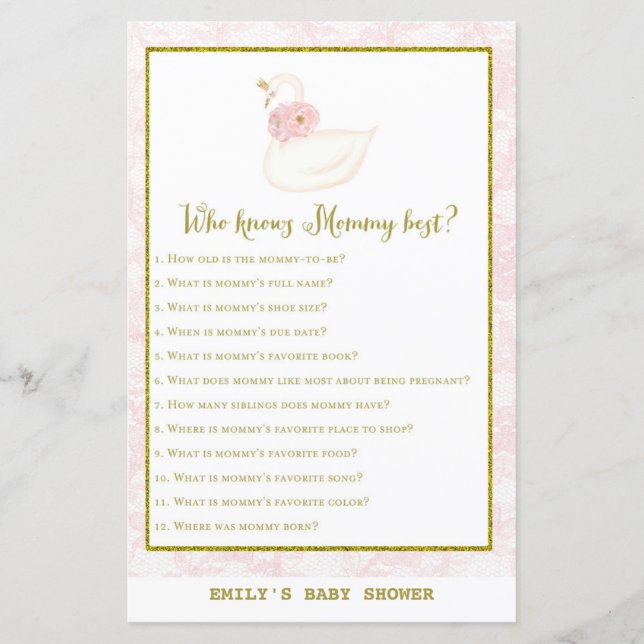 Papier Jeu de Baby shower de cygne IMPRIMÉ (Devant)