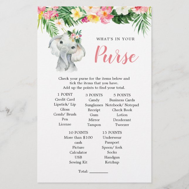 Papier Jeu de Baby shower de fille éléphante tropicale (Devant)