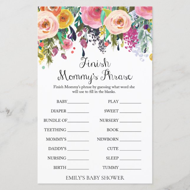 Papier Jeu de Baby shower de jardin fleuri IMPRIMÉ (Devant)