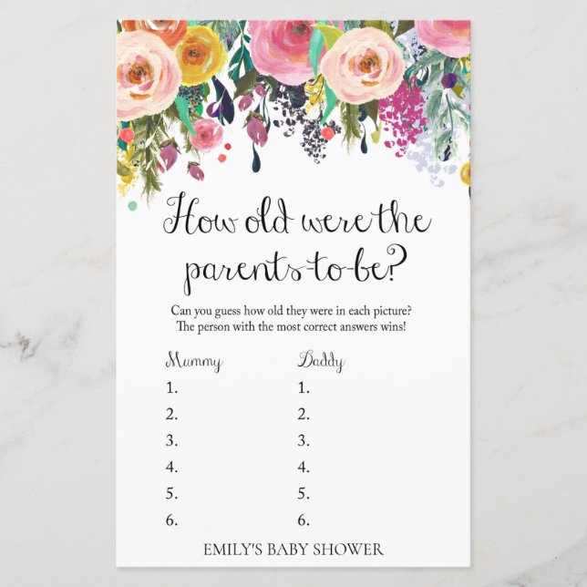 Papier Jeu de Baby shower de jardin fleuri IMPRIMÉ (Devant)