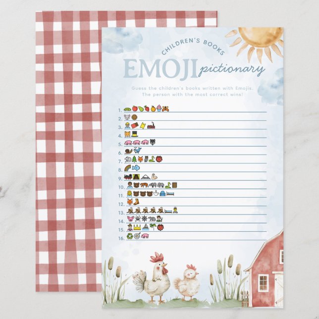 Papier Jeu de Baby shower de la ferme Emoji Pictionary (Devant / Derrière)