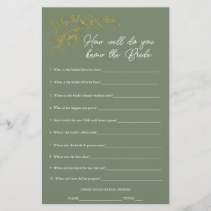 Papier Jeu de Baby Shower de la Mariée Vert Sauge