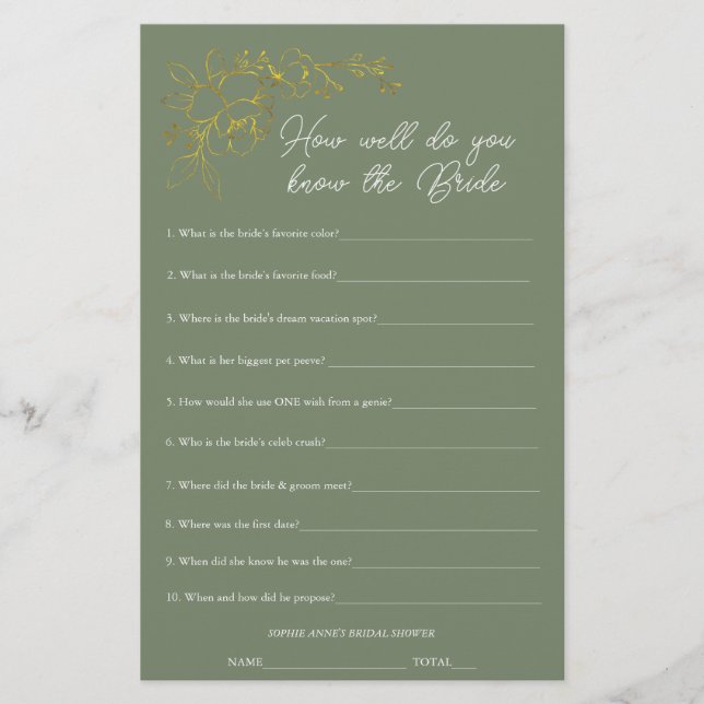 Papier Jeu de Baby Shower de la Mariée Vert Sauge (Devant)