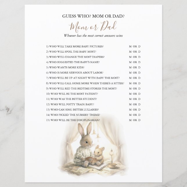 Papier Jeu de Baby shower de lapin neutre pour les hommes (Devant)