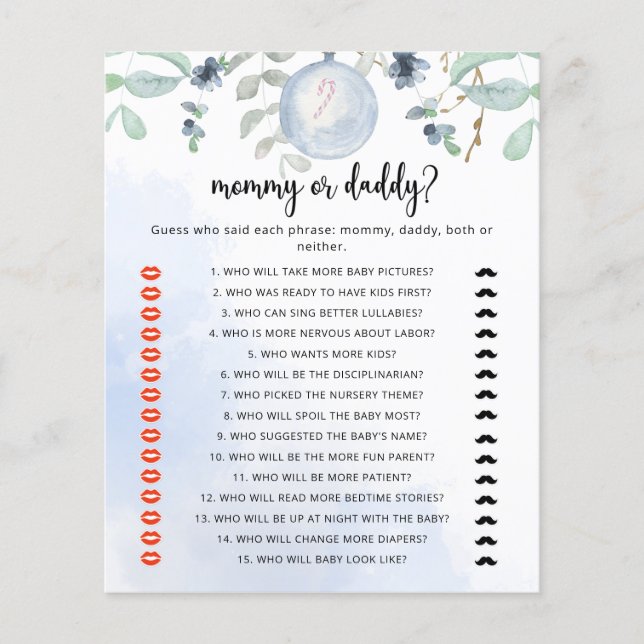 Papier Jeu de baby shower de maman ou papa bleu d'hiver (Devant)