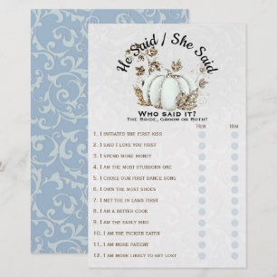 Papier Jeu de Baby Shower de Mariage Citrouille Blanc Or 
