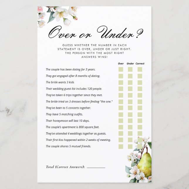 Papier Jeu de Baby Shower de mariage sur ou sous la poire (Devant)