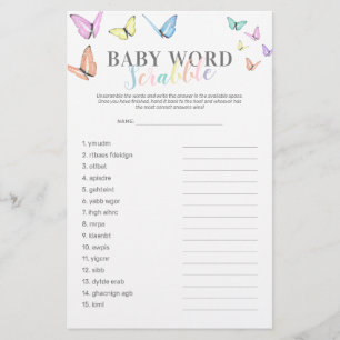 Papier Jeu de Baby shower de papillon Word Scramble