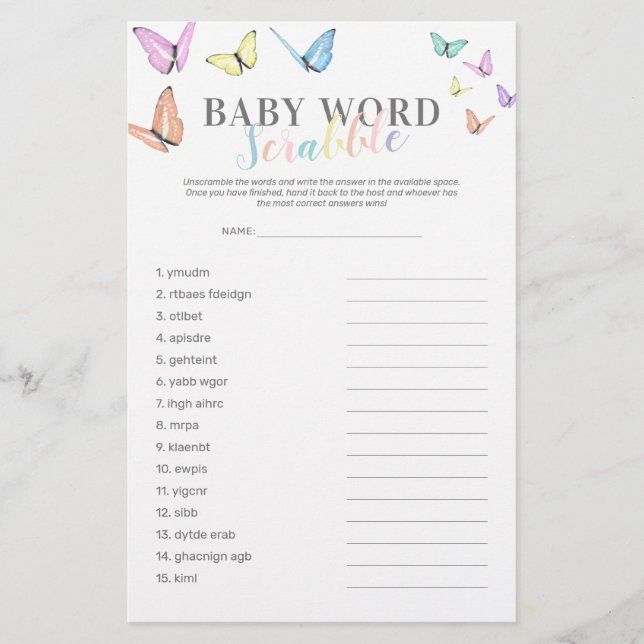 Papier Jeu de Baby shower de papillon Word Scramble (Devant)