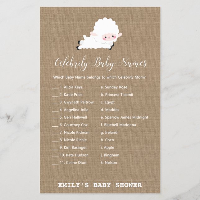 Papier Jeu de Baby shower de petit agneau IMPRIMÉ (Devant)