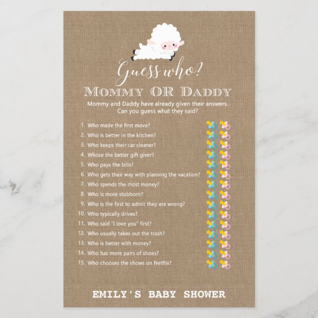 Papier Jeu de Baby shower de petit agneau IMPRIMÉ (Devant)