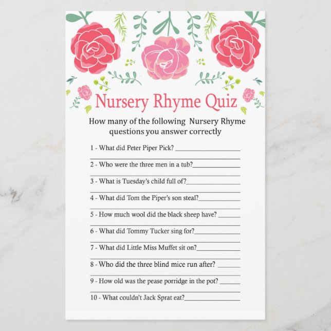 Papier Jeu de baby shower de quiz de la Nursery Rhyme ros (Devant)