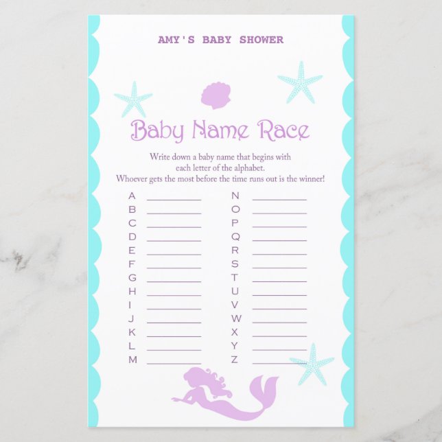 Papier Jeu de Baby shower de sirène imprimé (Devant)