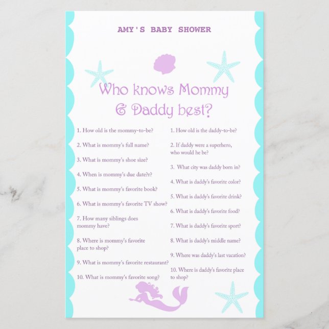 Papier Jeu de Baby shower de sirène imprimé (Devant)