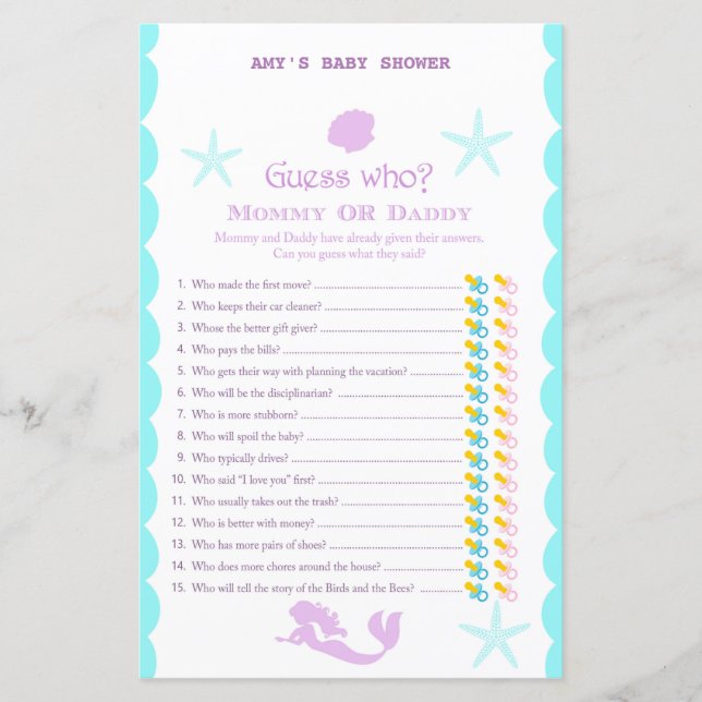 Papier Jeu de Baby shower de sirène imprimé (Devant)