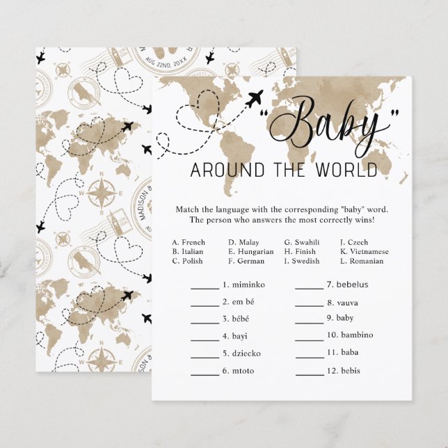 Papier Jeu de Baby shower de voyage - Baby Around World (Devant / Derrière)
