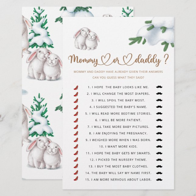 Papier Jeu de baby shower d'hiver maman ou papa (Devant / Derrière)