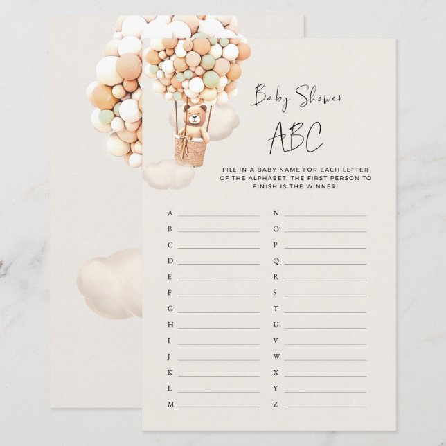 Papier Jeu de Baby shower d'ours - Baby shower ABC (Devant / Derrière)