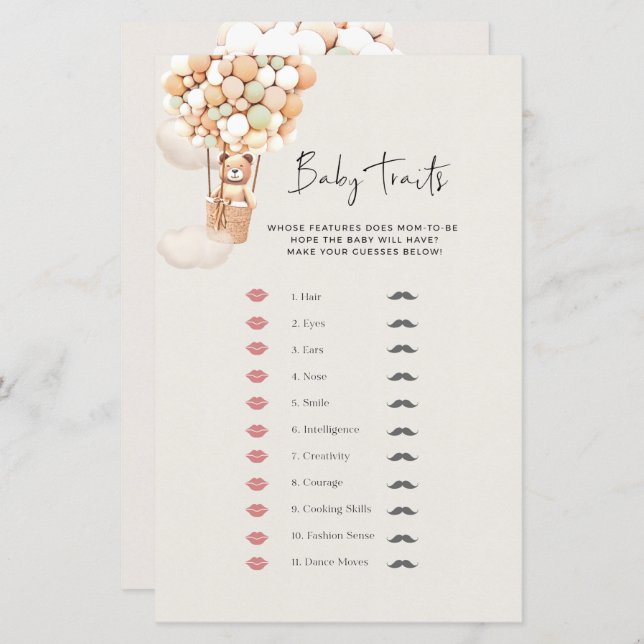 Papier Jeu de Baby shower d'ours - Bébé Traits (Devant / Derrière)