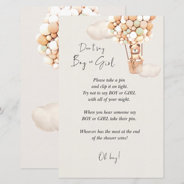 Papier Jeu de Baby shower d'ours - Ne pas dire garçon ou  (Devant / Derrière)