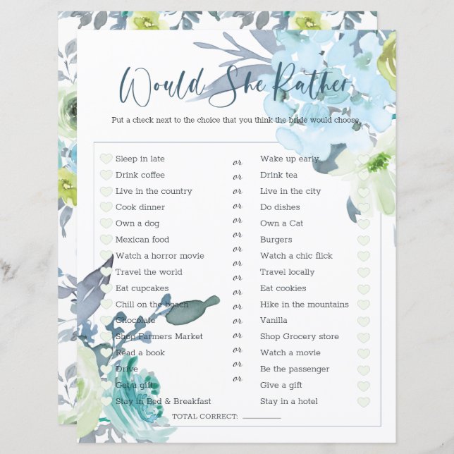 Papier Jeu de Baby Shower Elle Préfèrerait Bleu Clair (Devant / Derrière)