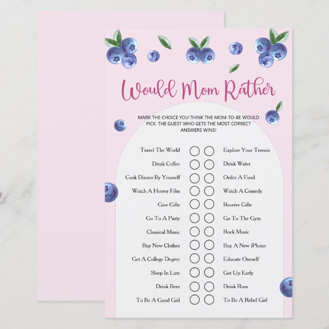 Papier Jeu de Baby Shower Fille Aquarelle Sucrée Myrtille (Devant / Derrière)