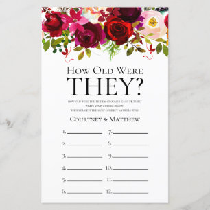 Papier Jeu de baby shower floral bordeaux pour mariage