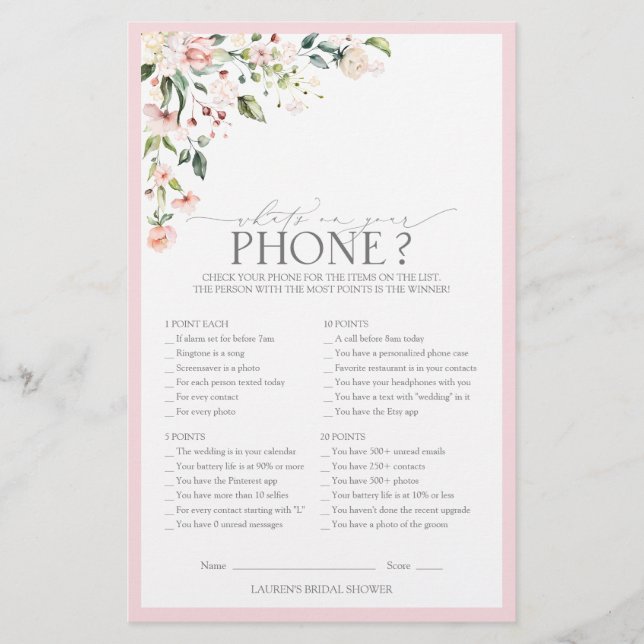 Papier Jeu de Baby Shower Floral Élégant Aquarelle Rose p (Devant)