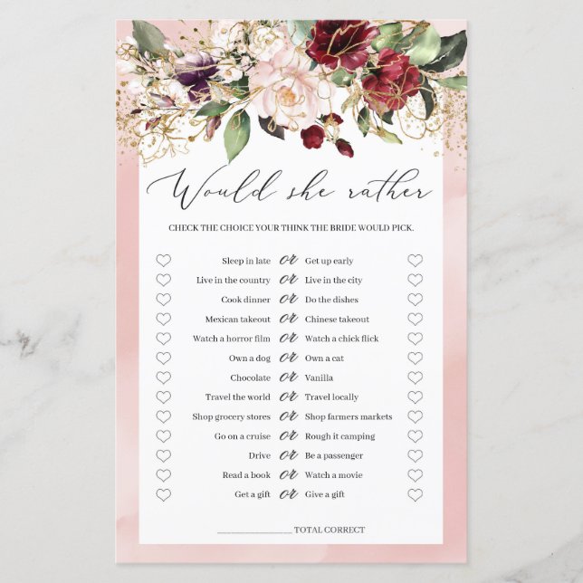 Papier Jeu de Baby Shower Floral Rose Bourguignon Bogo (Devant)