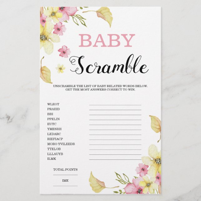 Papier Jeu de Baby shower floral Word Scramble (Devant)