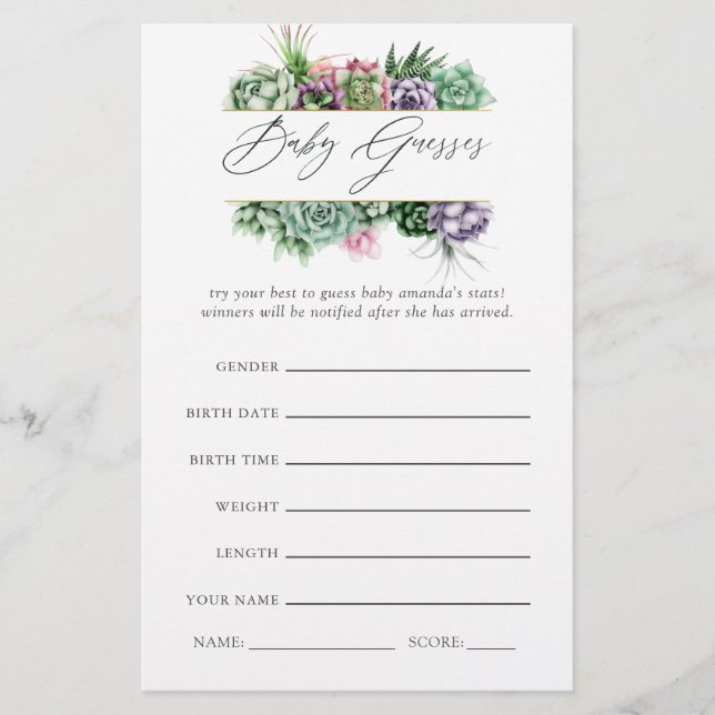 Papier Jeu de Baby shower géométrique Succulent aquarelle (Devant)