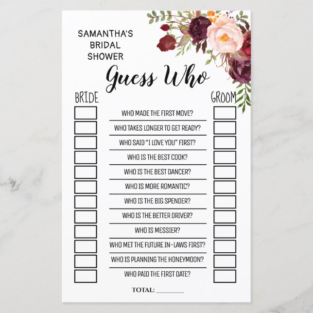 Papier Jeu de Baby Shower Guess Who Marsala Flowers (Devant)