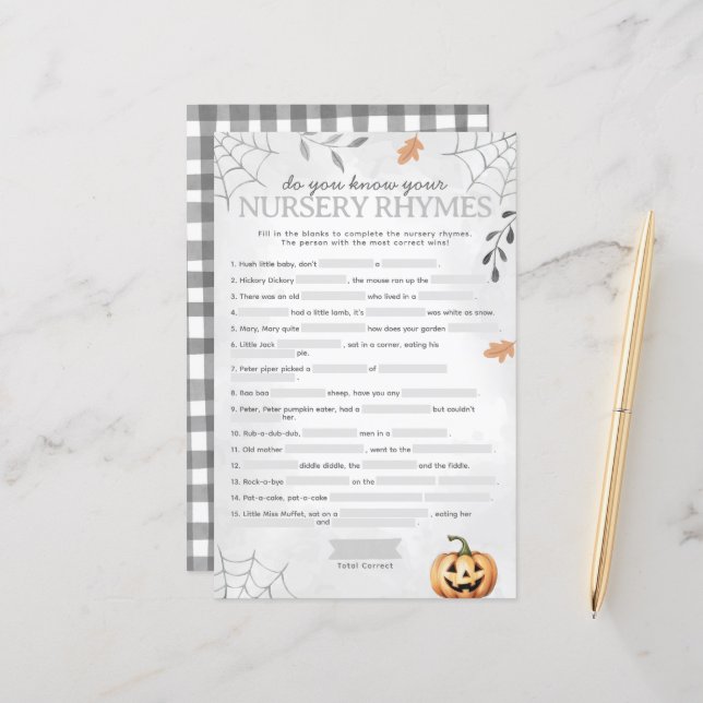 Papier Jeu de Baby shower Halloween Ghost Nurserme Rhyme (Devant/Arrière en situation)