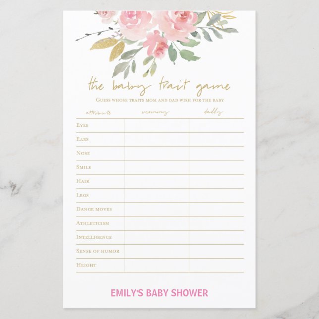 Papier Jeu de Baby Shower Imprimé Rose Poudré et Or (Devant)