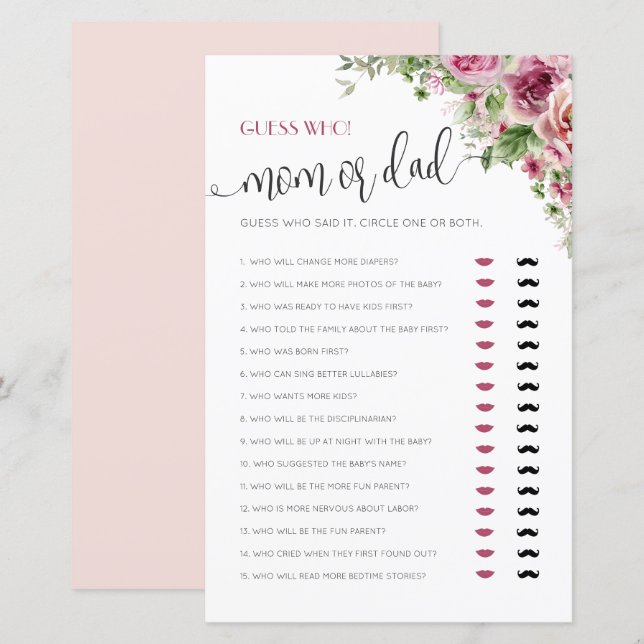 Papier Jeu de Baby shower maman ou papa (Devant / Derrière)