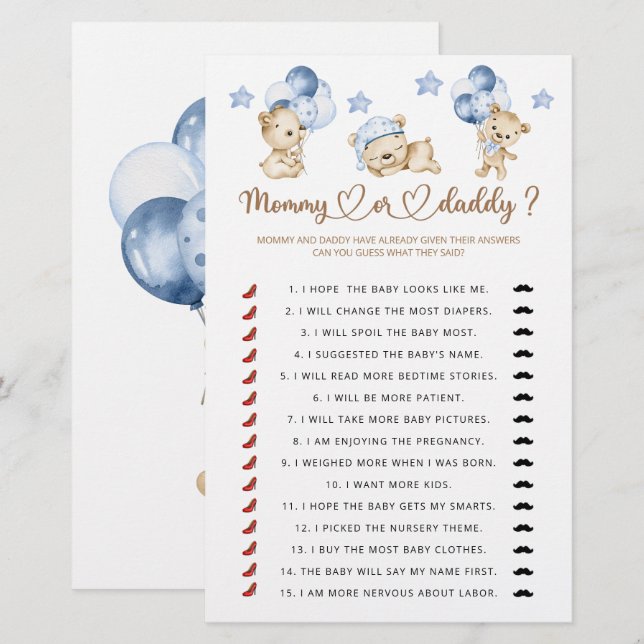 Papier Jeu de baby shower maman ou papa (Devant / Derrière)