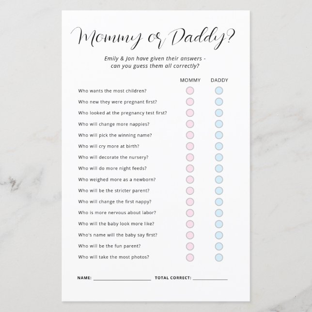 Papier Jeu de Baby shower maman ou papa (Devant)