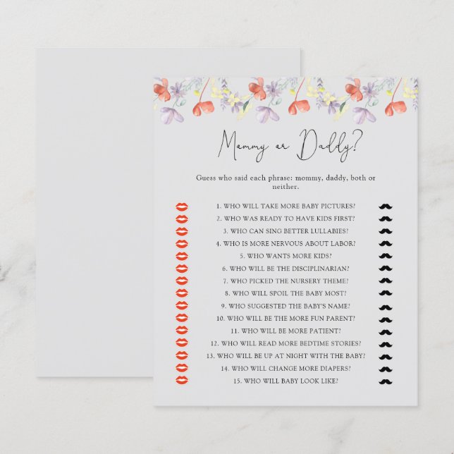 Papier Jeu de baby shower maman ou papa fleur sauvage (Devant / Derrière)
