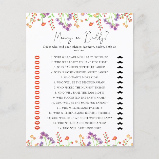 Papier Jeu de baby shower maman ou papa fleur sauvage (Devant)