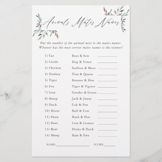 Papier Jeu de Baby Shower Mariage Hivernal de Verdure Rus (Devant)