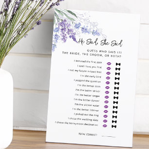 Papier Jeu de Baby Shower Mariage Lavande Il a Dit Elle a