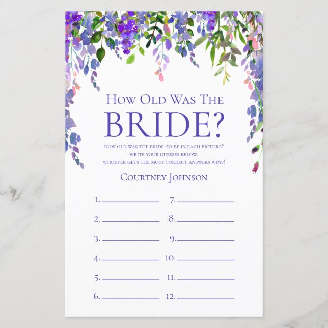 Papier Jeu de Baby Shower Mariée au Wistéria Violet (Devant)