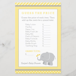 Papier Jeu de Baby shower moderne Jaune et Grey Elephant